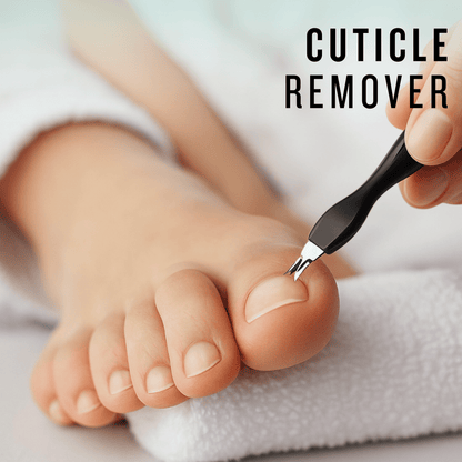 Precision cuticle remover tool on toenail, part of black pedicure kit, clean foot care closeup.
