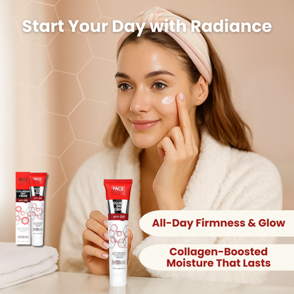 Woman applying day cream to cheek with towel and glowing skin
