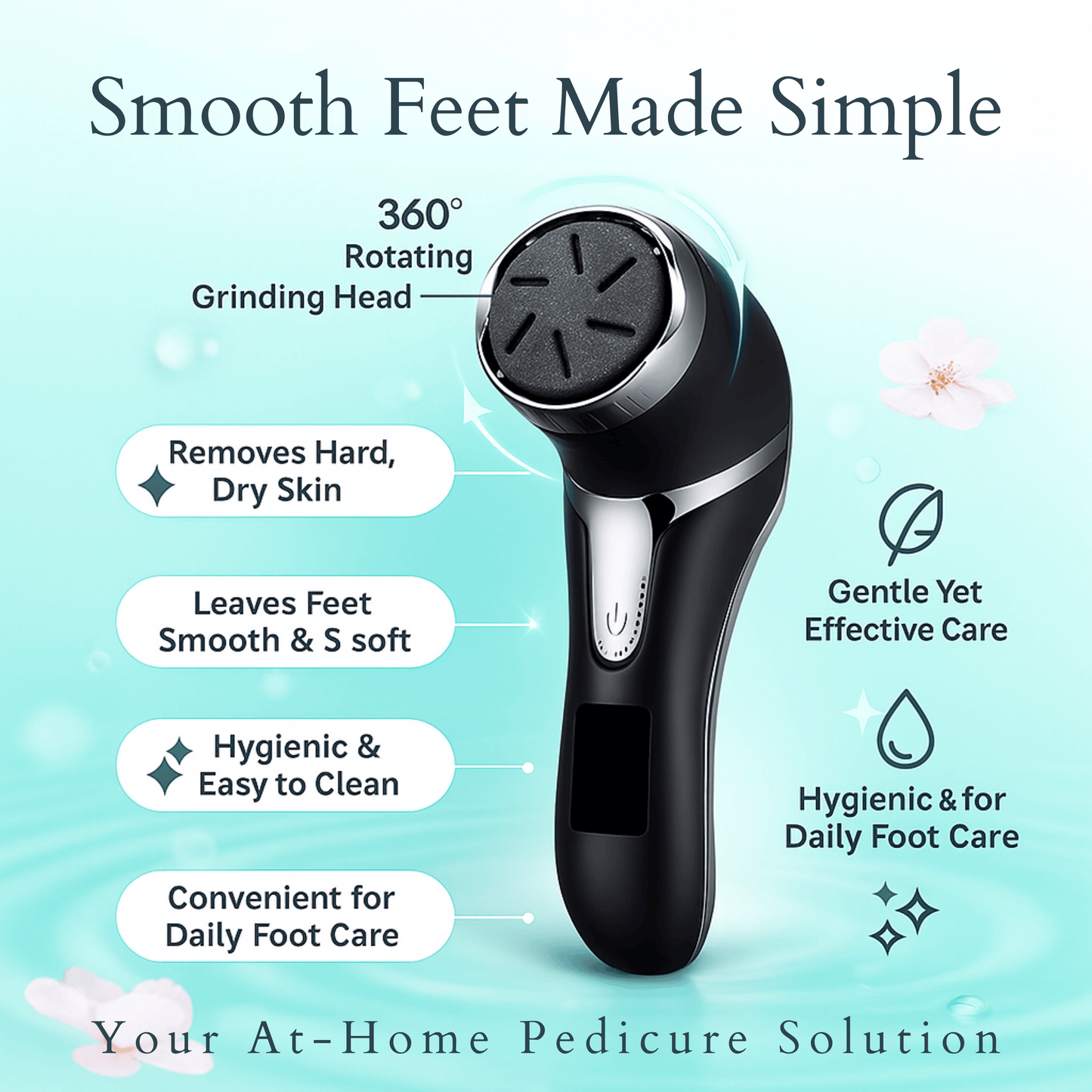 Infographic showing electric foot file features like rotating head, dry skin removal, and hygiene benefits.