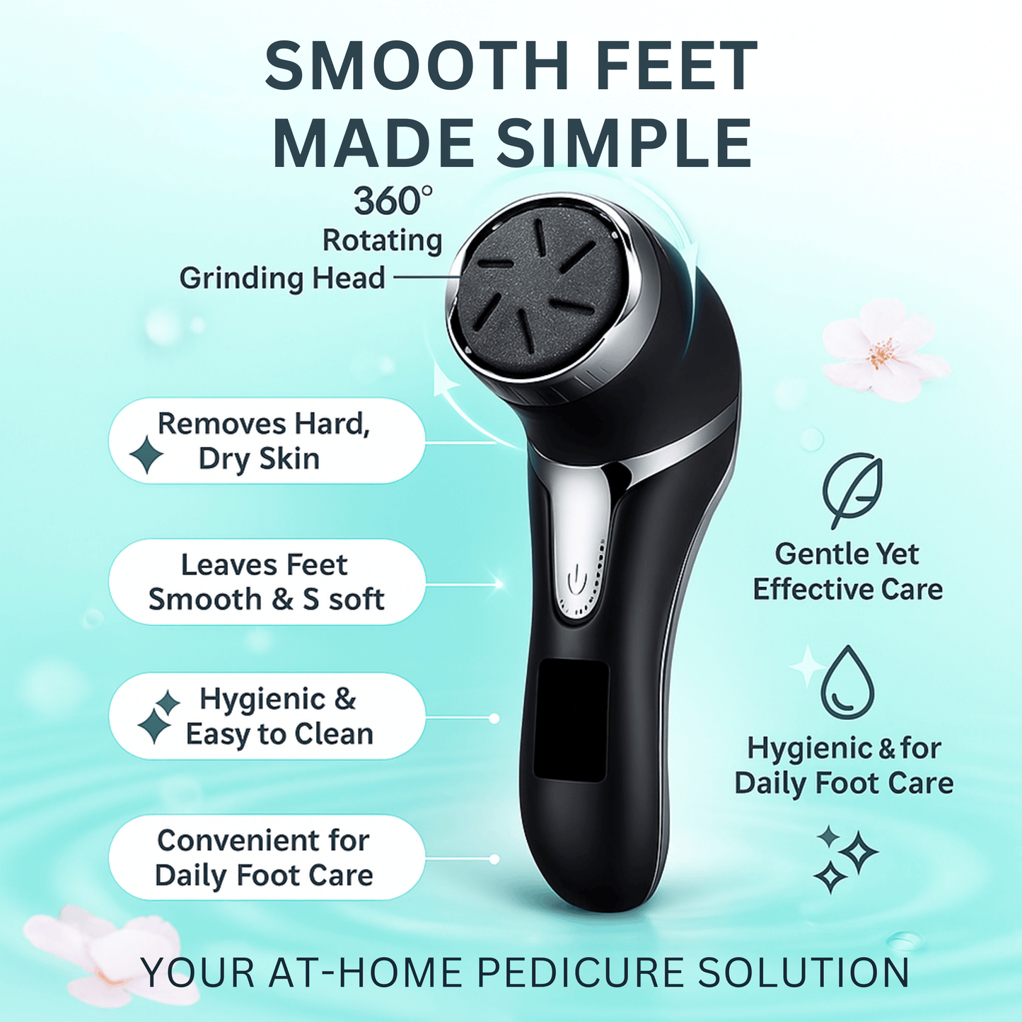 Rechargeable electric foot file with 360° grinding head for removing hard, dry skin on feet