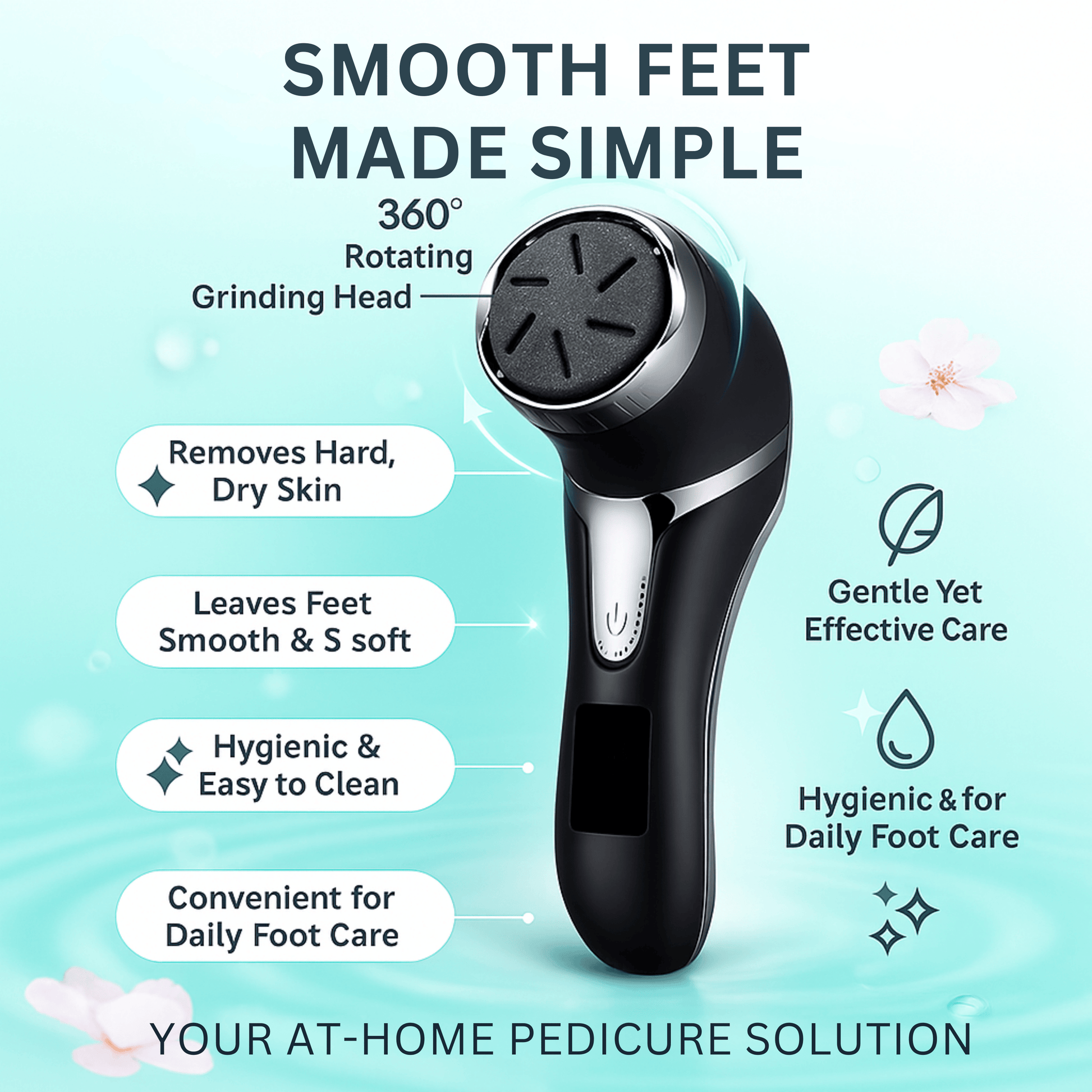 Rechargeable electric foot file with 360° grinding head for removing hard, dry skin on feet