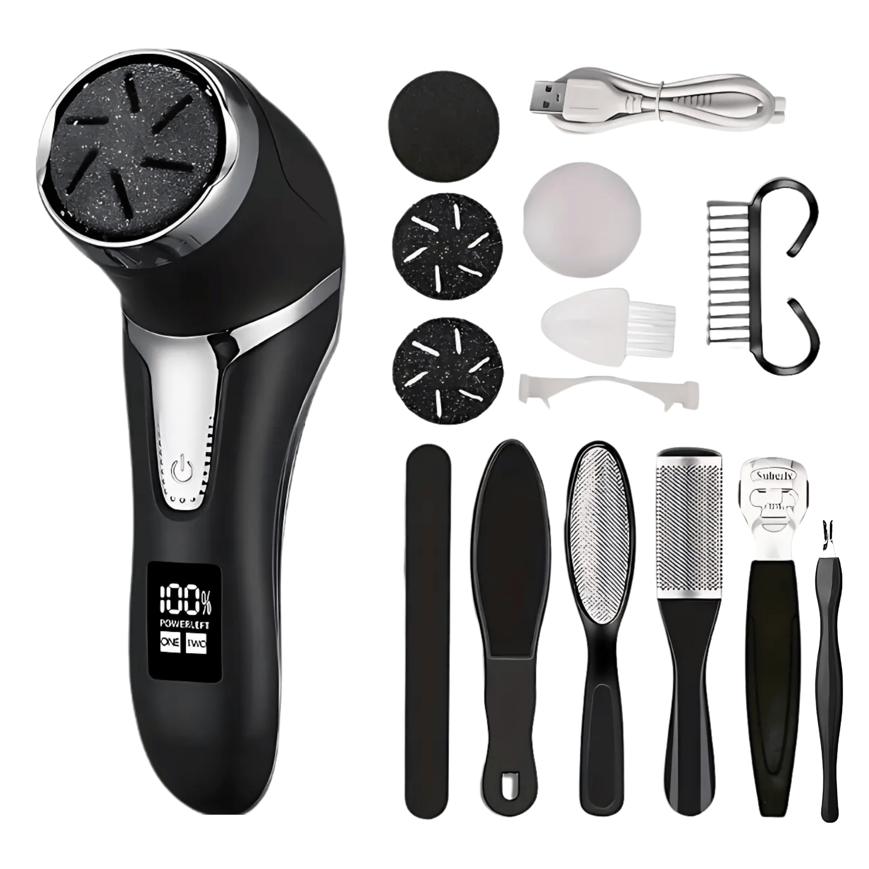 Full view of rechargeable black electric foot file and complete pedicure tool set