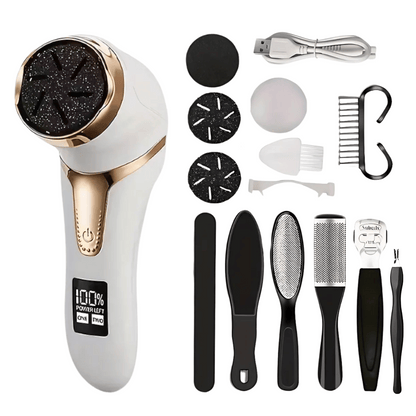 Full view of rechargeable white electric foot file and complete pedicure tool set