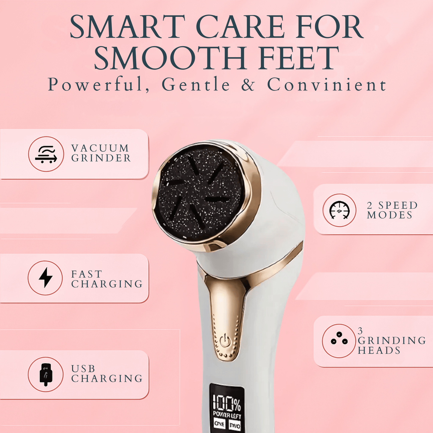 Electric foot file with vacuum grinder, 2-speed modes, and USB fast charging for smooth feet care.