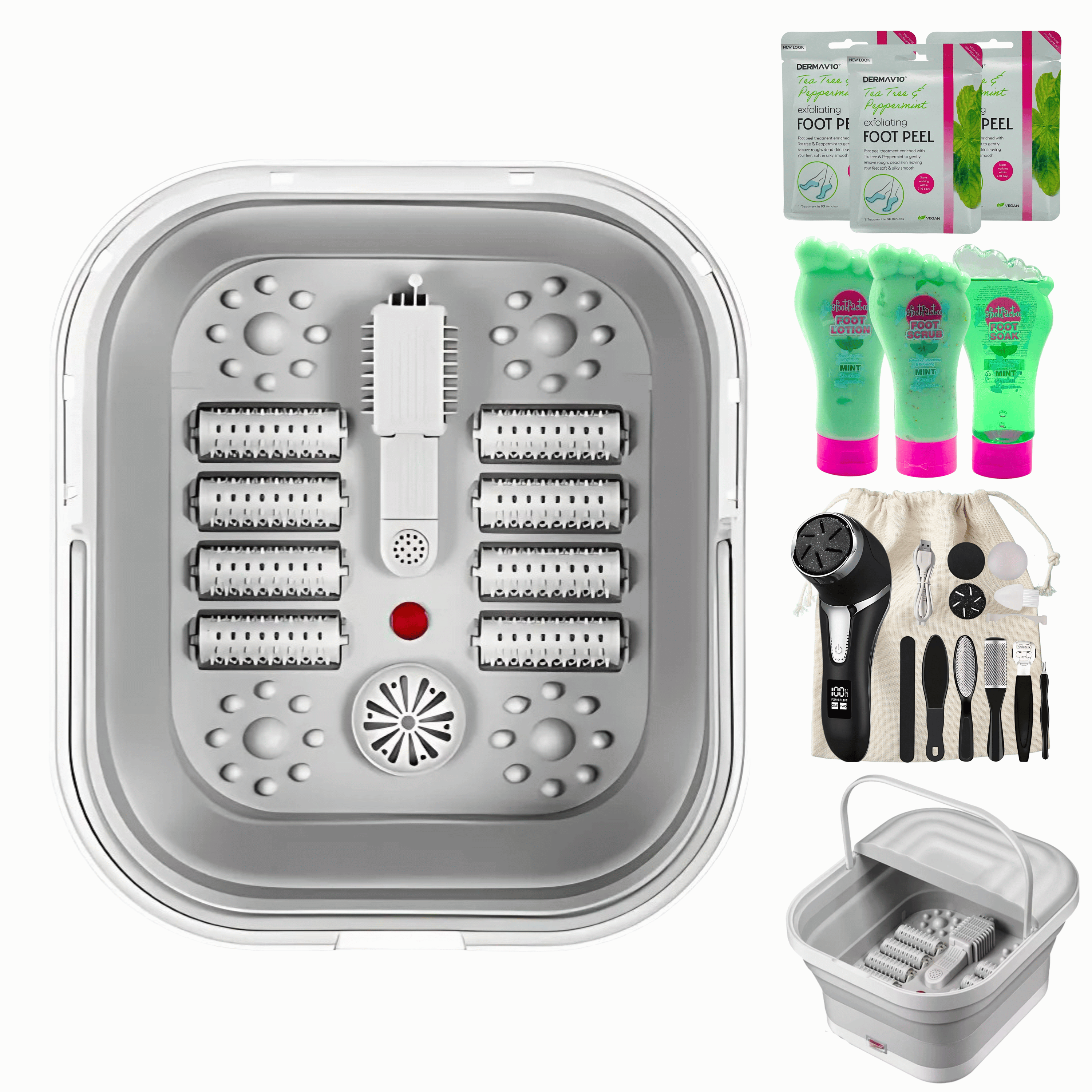 Complete electric foot spa pedicure set with mint soak, foot scrub, peel mask, and tools for home spa