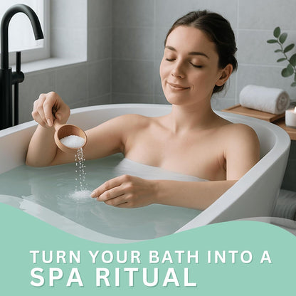 Woman using Epsom salts in a foot spa while highlighting benefits of relaxing and unwinding.
