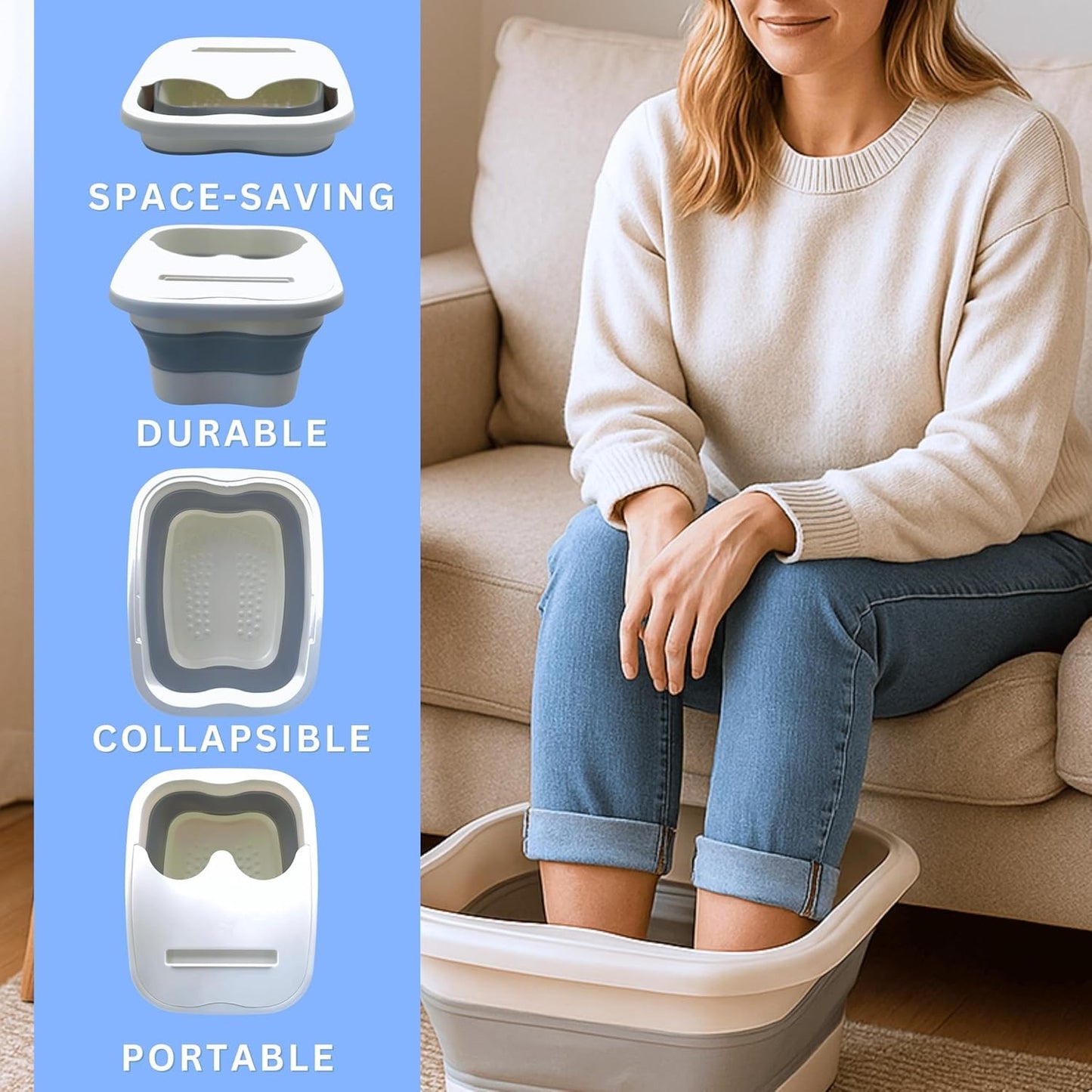 Woman using Epsom salts in a foot spa while highlighting benefits of relaxing and unwinding.