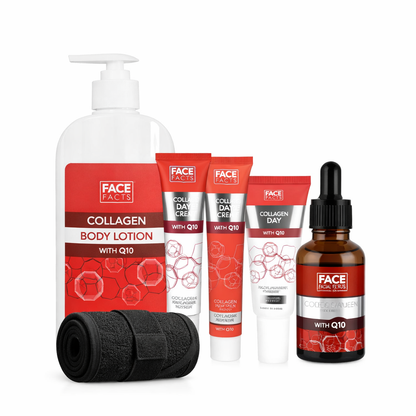 Face Facts collagen and Q10 skincare gift set with body lotion, day cream, night cream, eye cream, facial serum and black spa headband on white background.