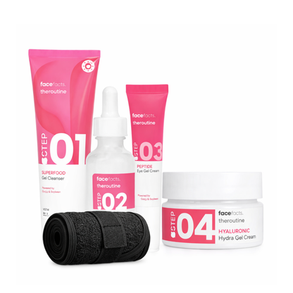 Face Facts skincare routine set featuring superfood gel cleanser, hydrating serum, peptide eye gel cream, hyaluronic gel cream and black spa headband.