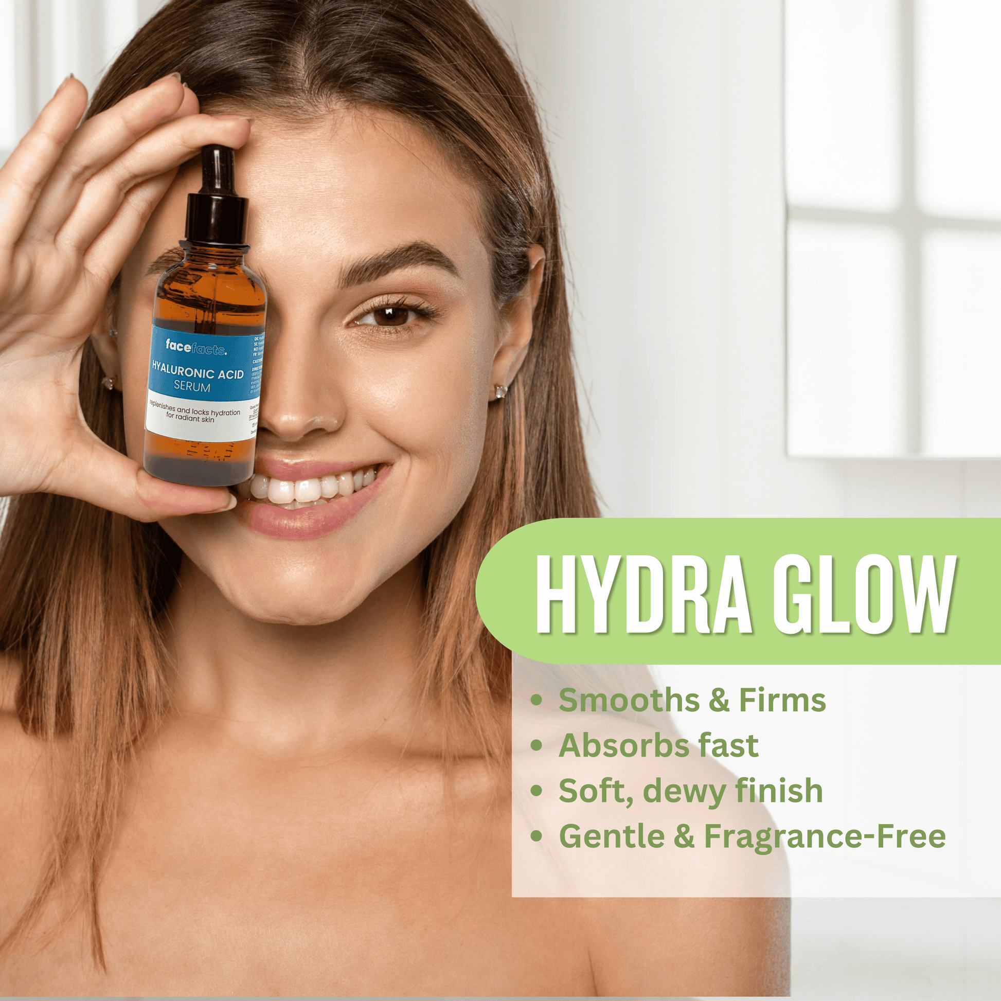 Face Facts hyaluronic acid serum displayed with hydration and glow benefits for radiant skin
