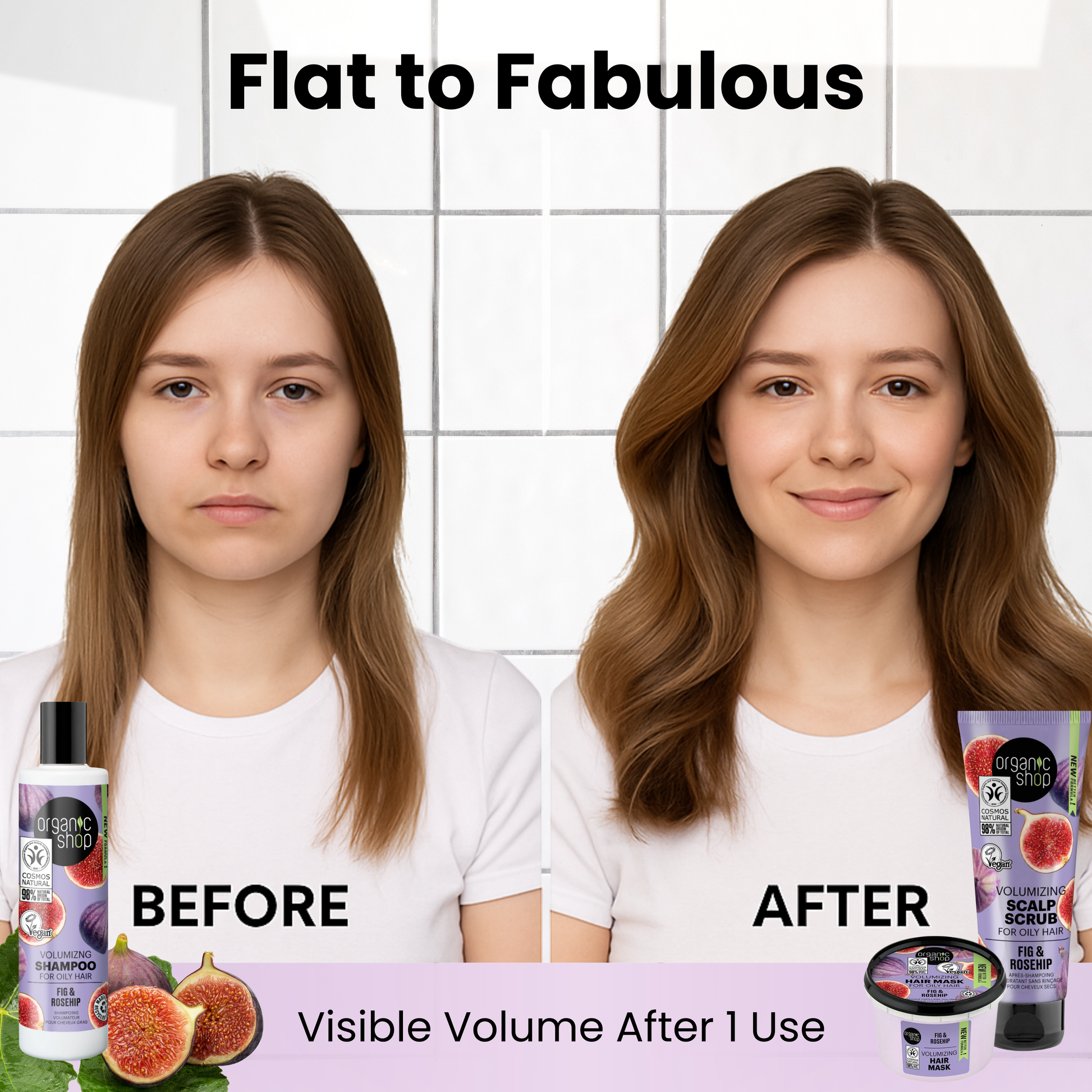 Before and after photo showing transformation from flat to voluminous hair using fig & rosehip hair care set.