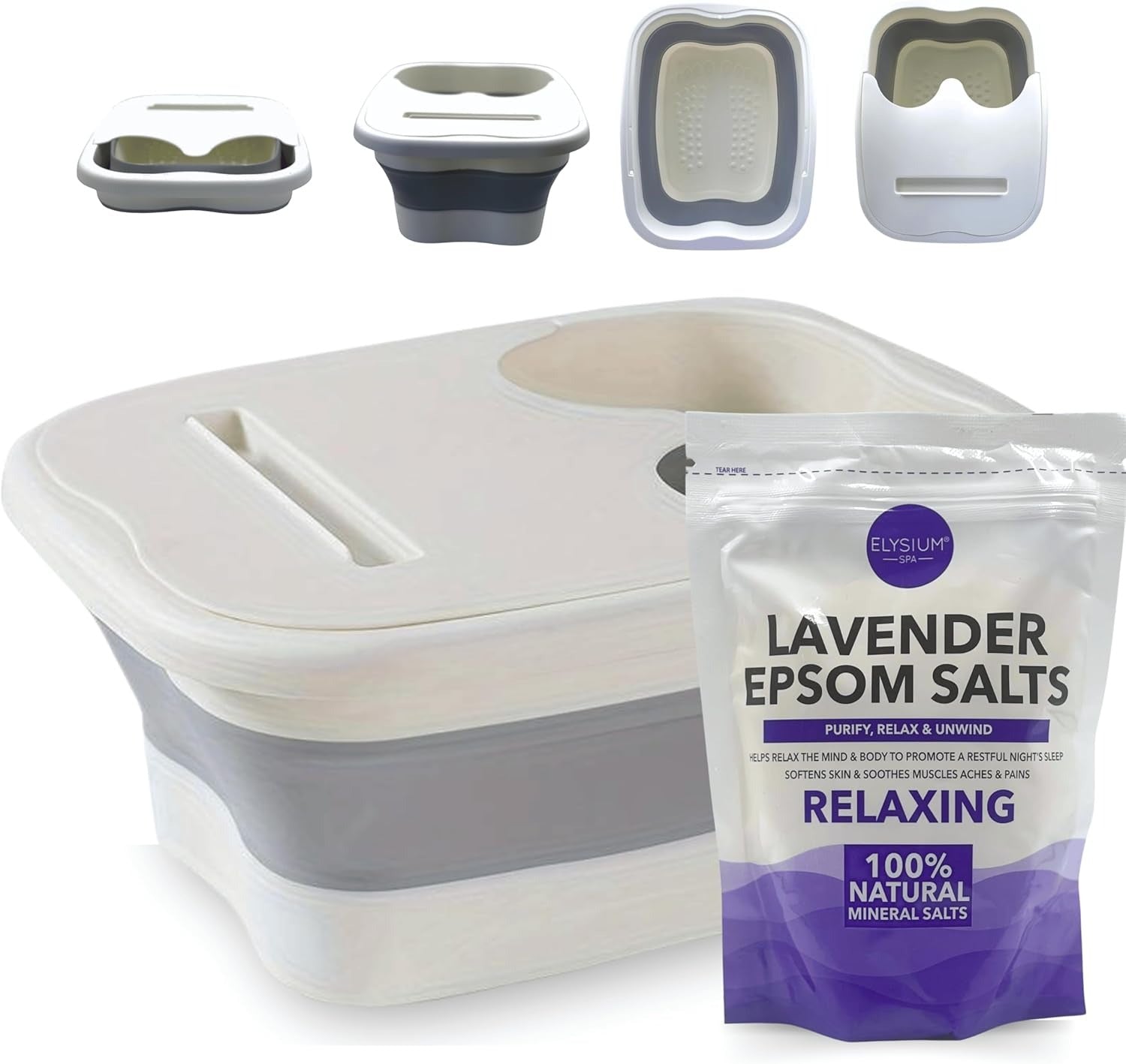 Foldable foot soak basin with lavender Epsom salts for relaxing spa treatment at home.