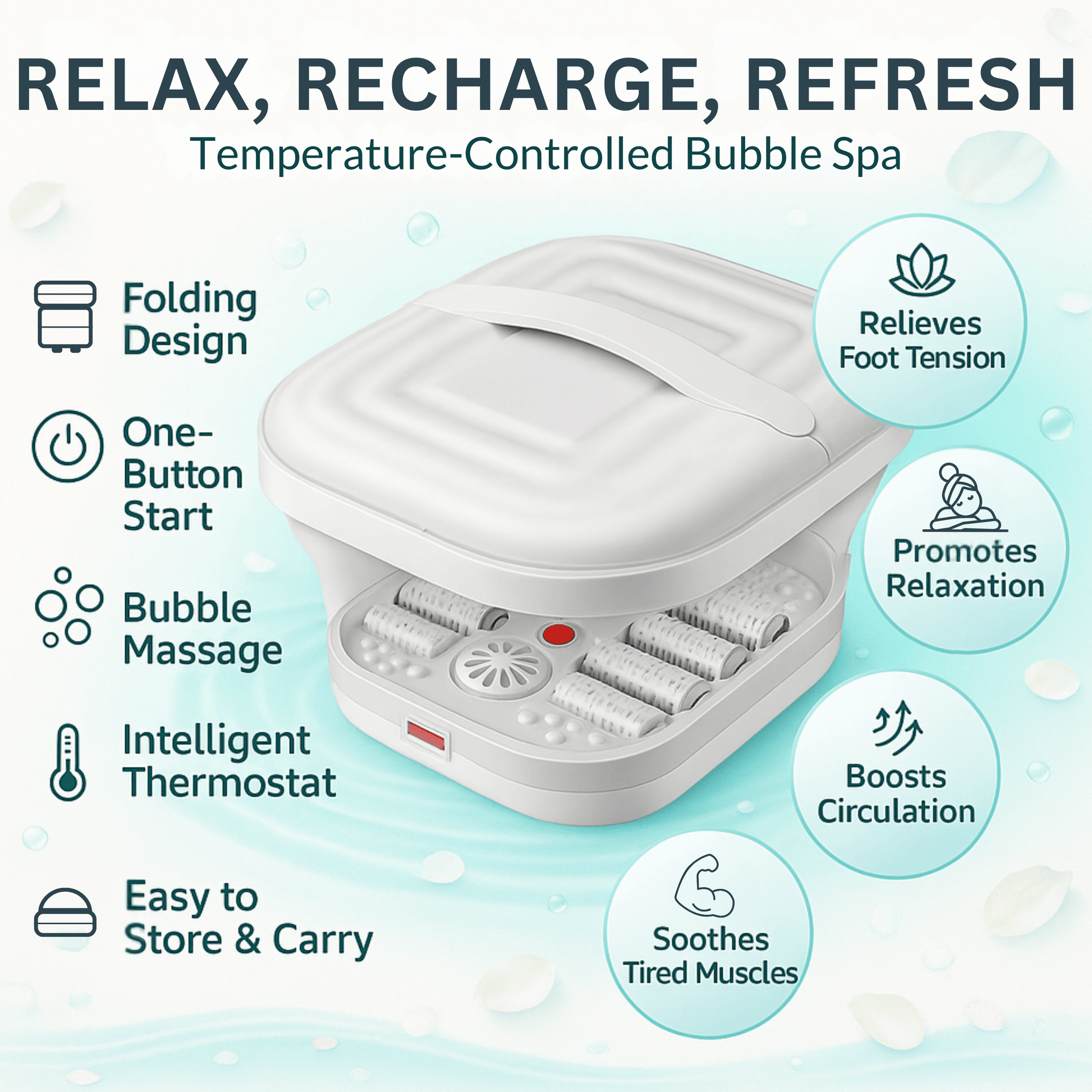 Foldable foot spa bath with bubble massage, intelligent thermostat, and one-button operation