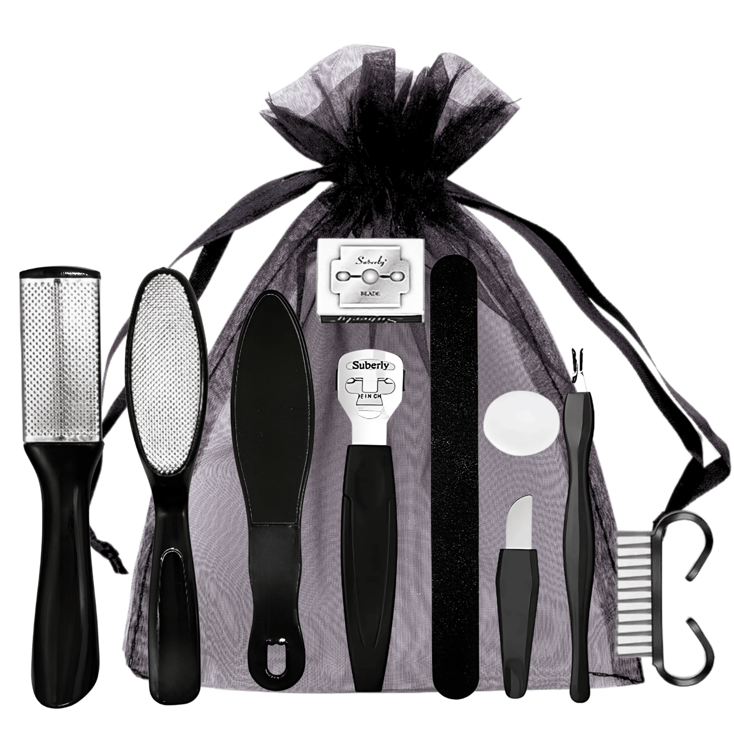 10-in-1 black foot care kit with pedicure tools in organza pouch, perfect for home spa or salon use.