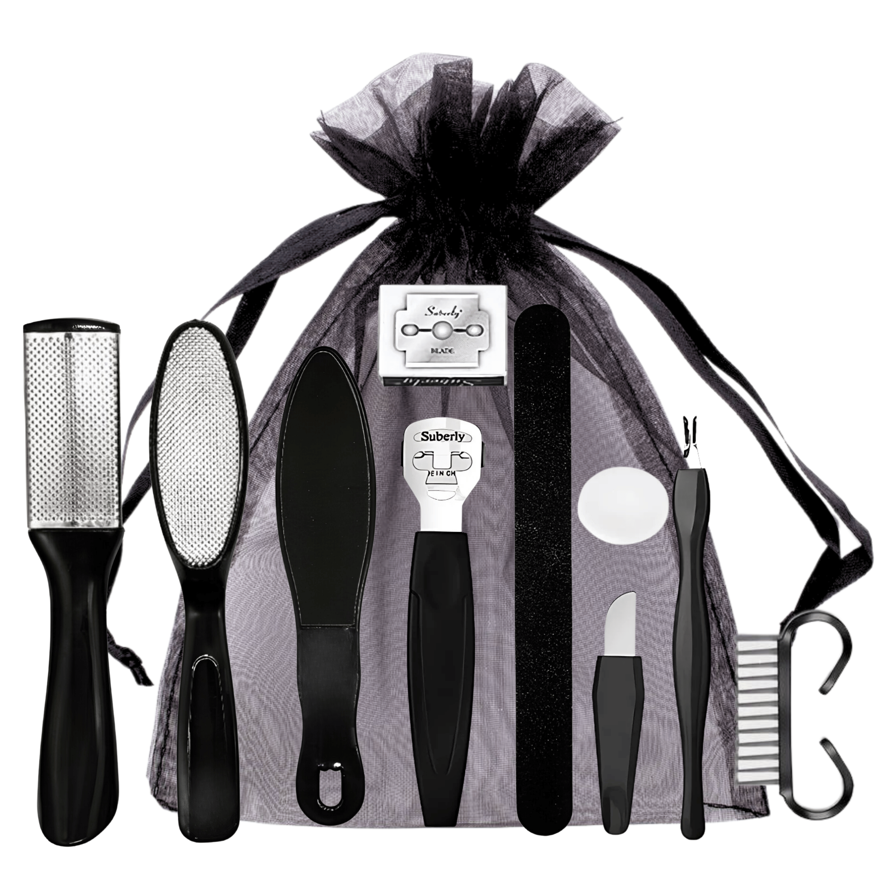 10-in-1 black foot care kit with pedicure tools in organza pouch, perfect for home spa or salon use.