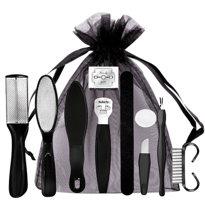 10-in-1 black foot care kit with pedicure tools in organza pouch, perfect for home spa or salon use.