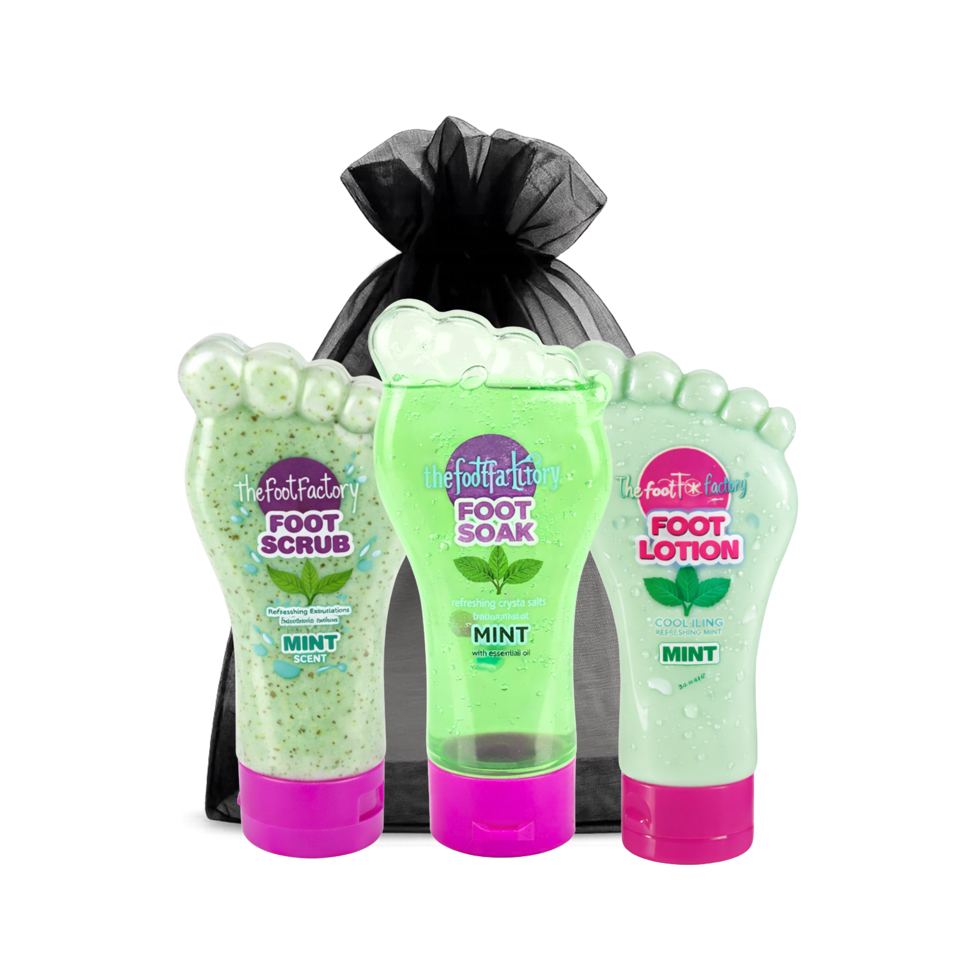 Mint foot care set with foot scrub, foot soak and cooling foot lotion for refreshing and revitalising tired feet