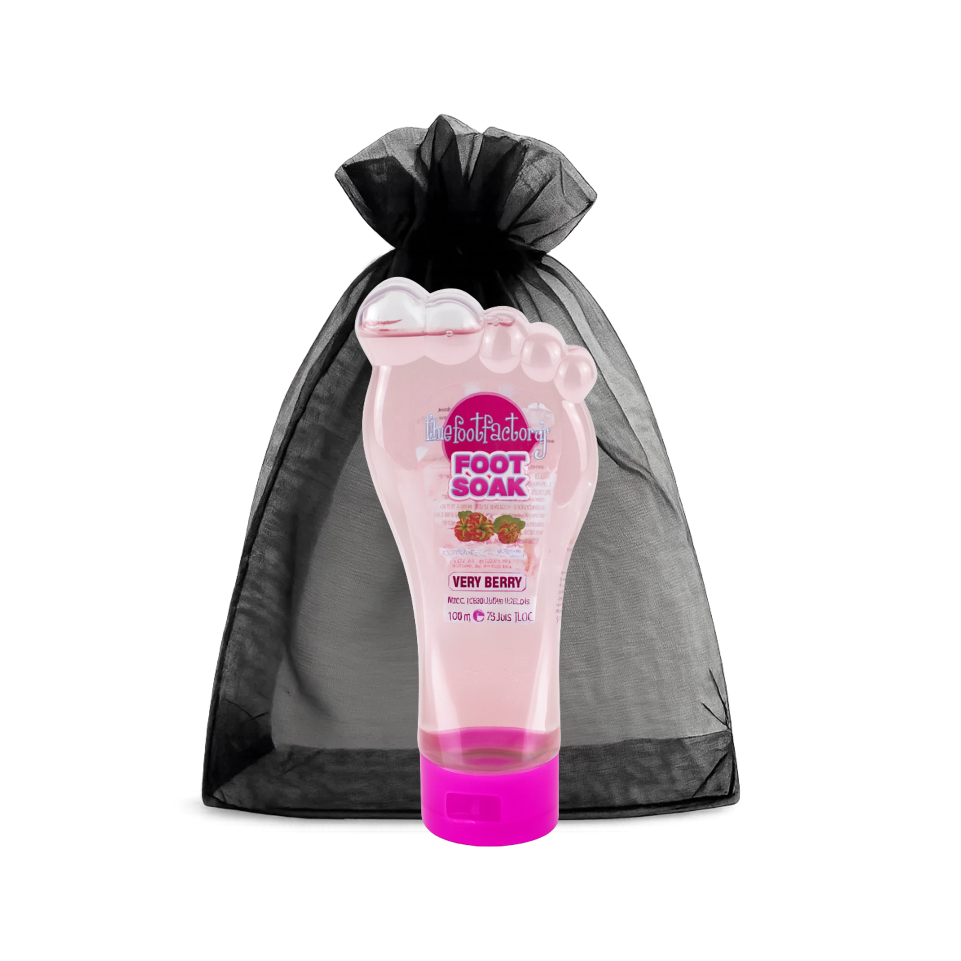 Foot Factory very berry foot soak pink bottles shown on white background, berry-infused vegan foot soak designed to refresh and soften tired feet.