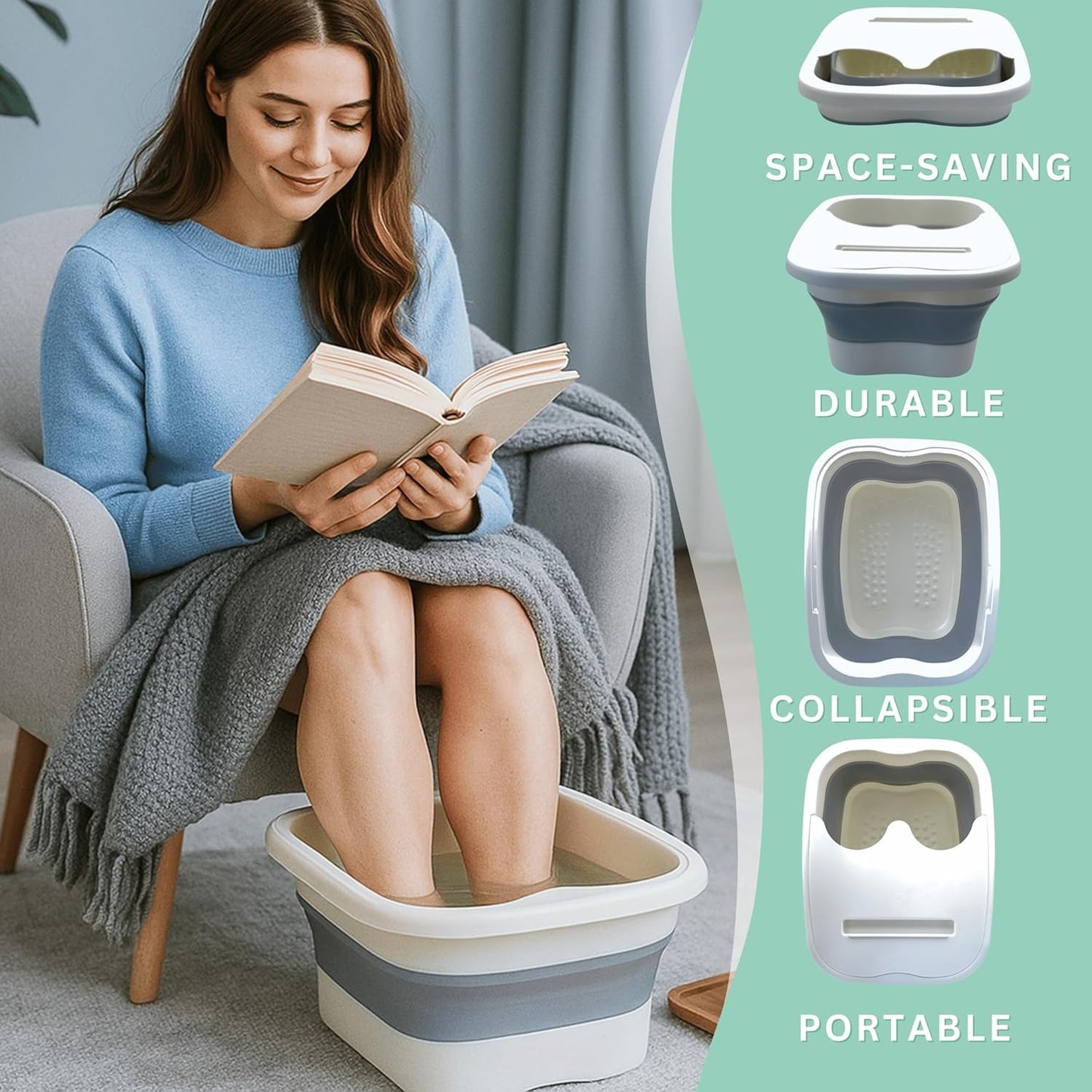 Woman relaxing with foldable foot spa basin, showing space-saving and collapsible design.