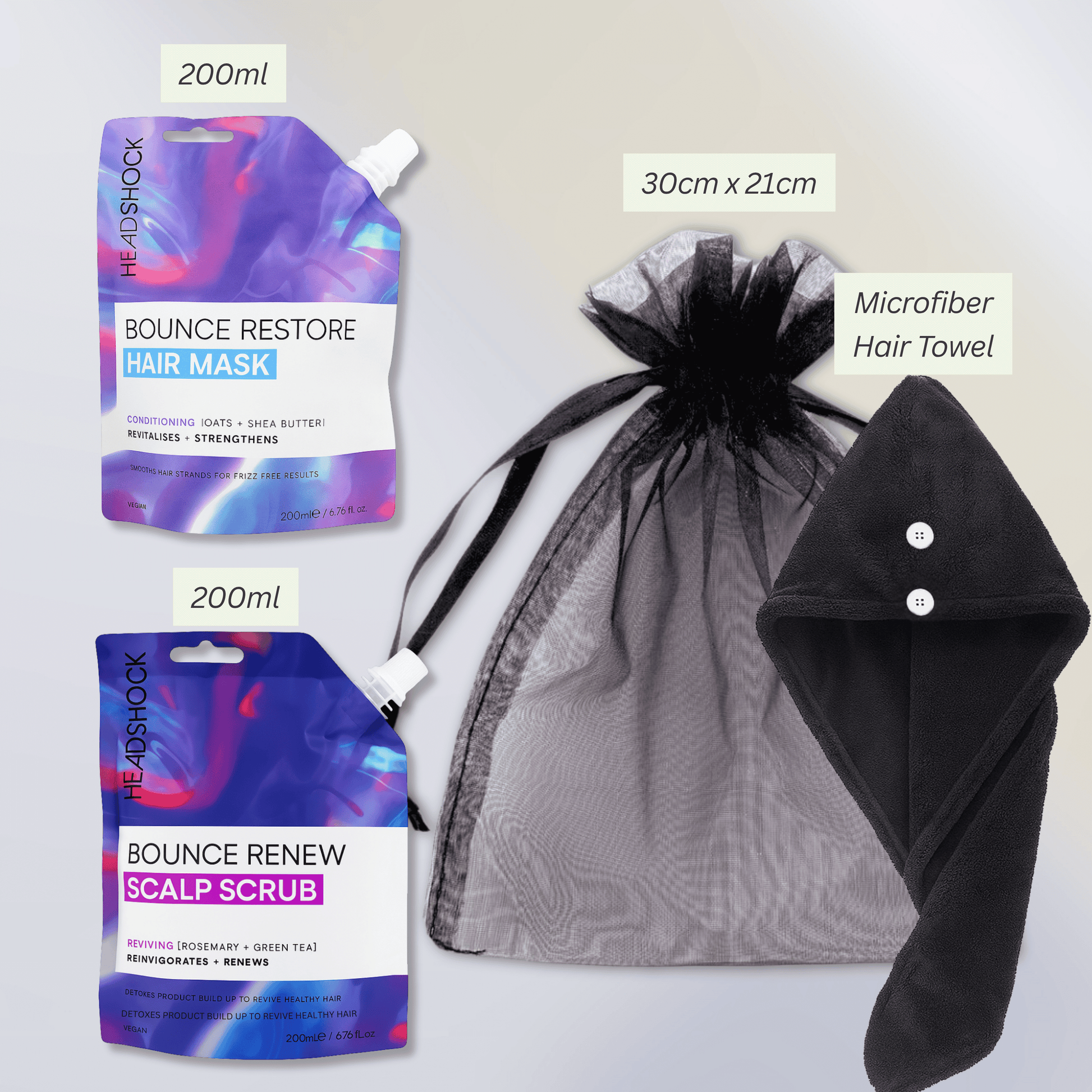 Headshock Bounce Restore Hair Mask and Scalp Scrub Size with Microfiber Hair Towel in Organza Bag