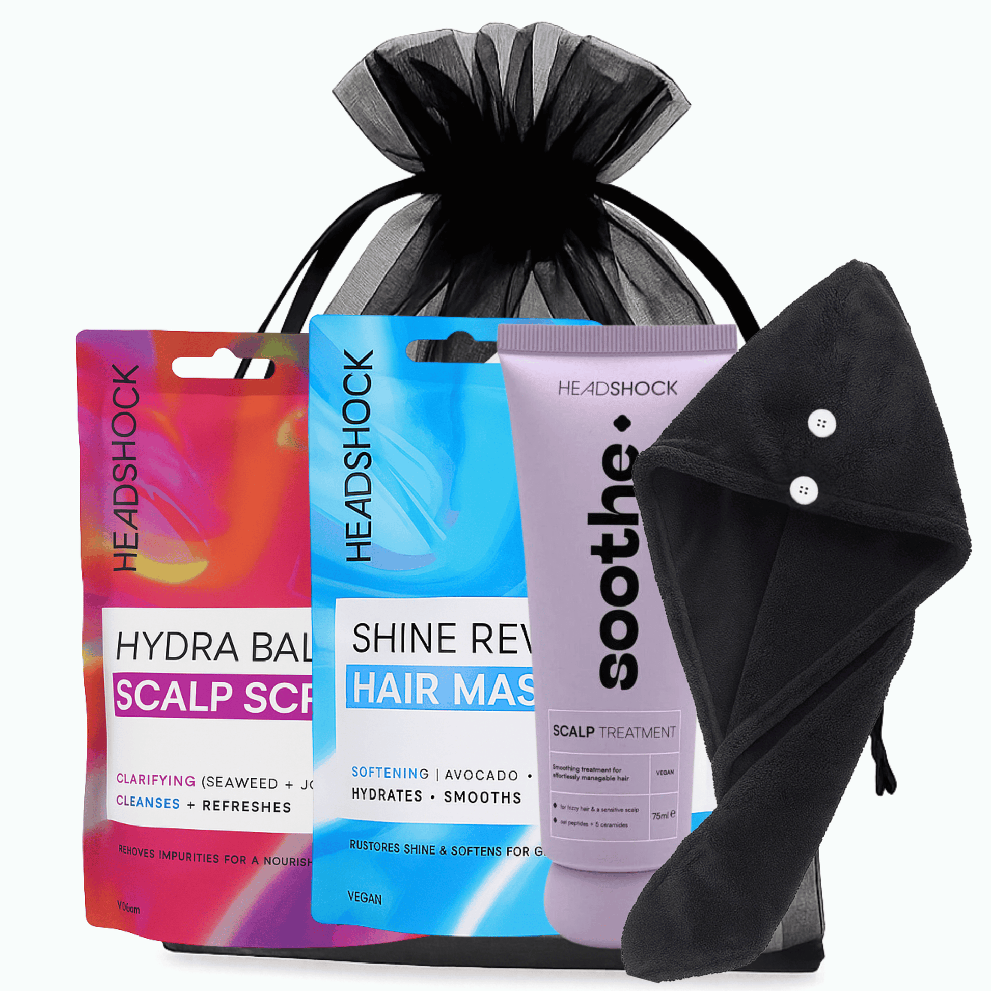 HeadShock Hair Revival Set with Scalp Scrub, Hair Mask, and Soothe Treatment in Gift Bag