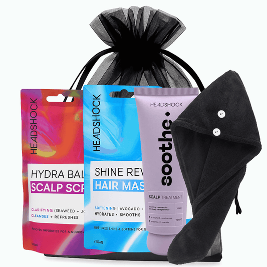 HeadShock Hair Revival Set with Scalp Scrub, Hair Mask, and Soothe Treatment in Gift Bag