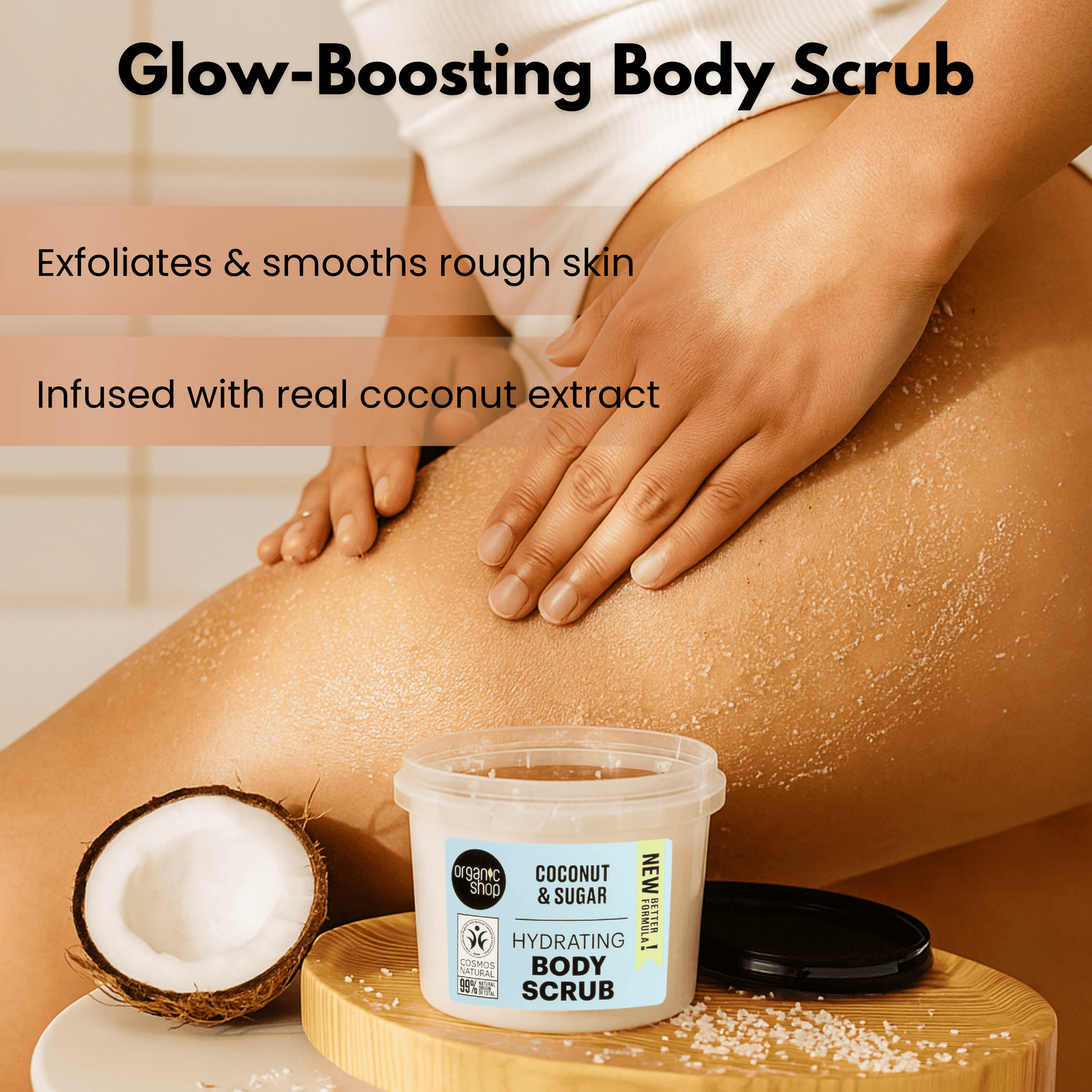 Woman exfoliating legs with coconut sugar body scrub for glowing, smooth skin in bathroom setting