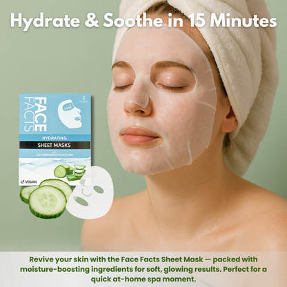 Woman enjoying spa moment with Face Facts hydrating sheet mask made with cucumber and aloe vera for glowing skin