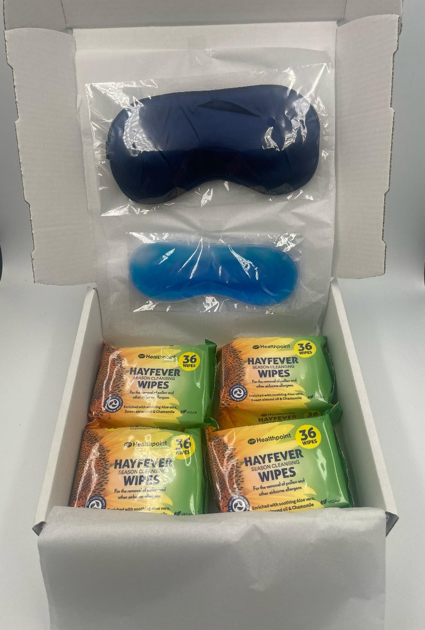 Hayfever Relief Kit with 4 Packs of Cleansing Wipes and 2 Cooling Eye Masks, Gentle Face and Hand Wipes for Pollen, Reusable Gel Masks for Soothing Eye Relief