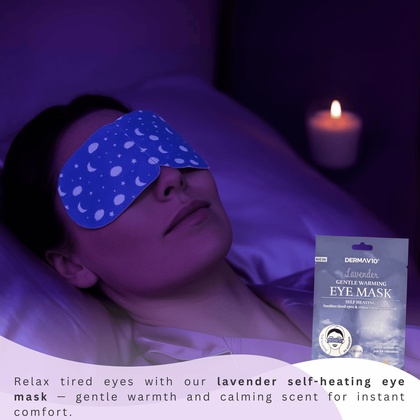 Woman wearing self-heating lavender eye mask in dark bedroom, calming aromatherapy comfort