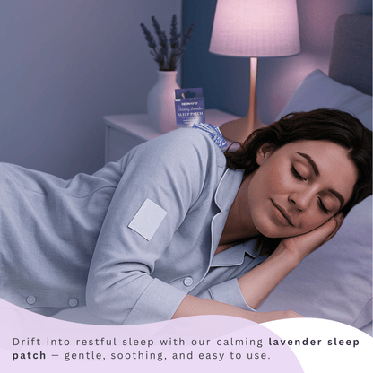 Woman asleep using calming lavender sleep patch from spa gift hamper, perfect for bedtime relaxation