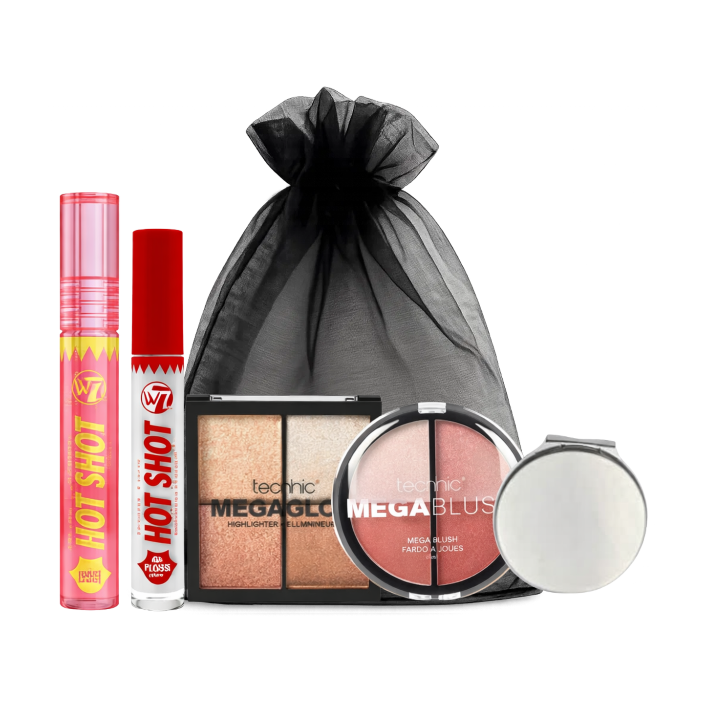 Makeup gift set featuring plumping lip oil, lip gloss, blush and highlighter displayed on a clean white background
