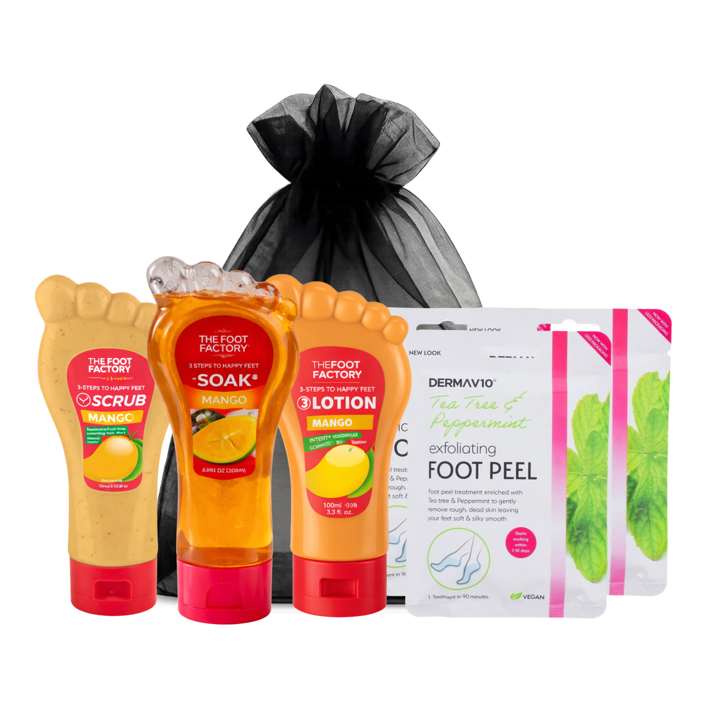 Mango foot care set with exfoliating foot scrub, refreshing foot soak, moisturising foot lotion and tea tree foot peel mask