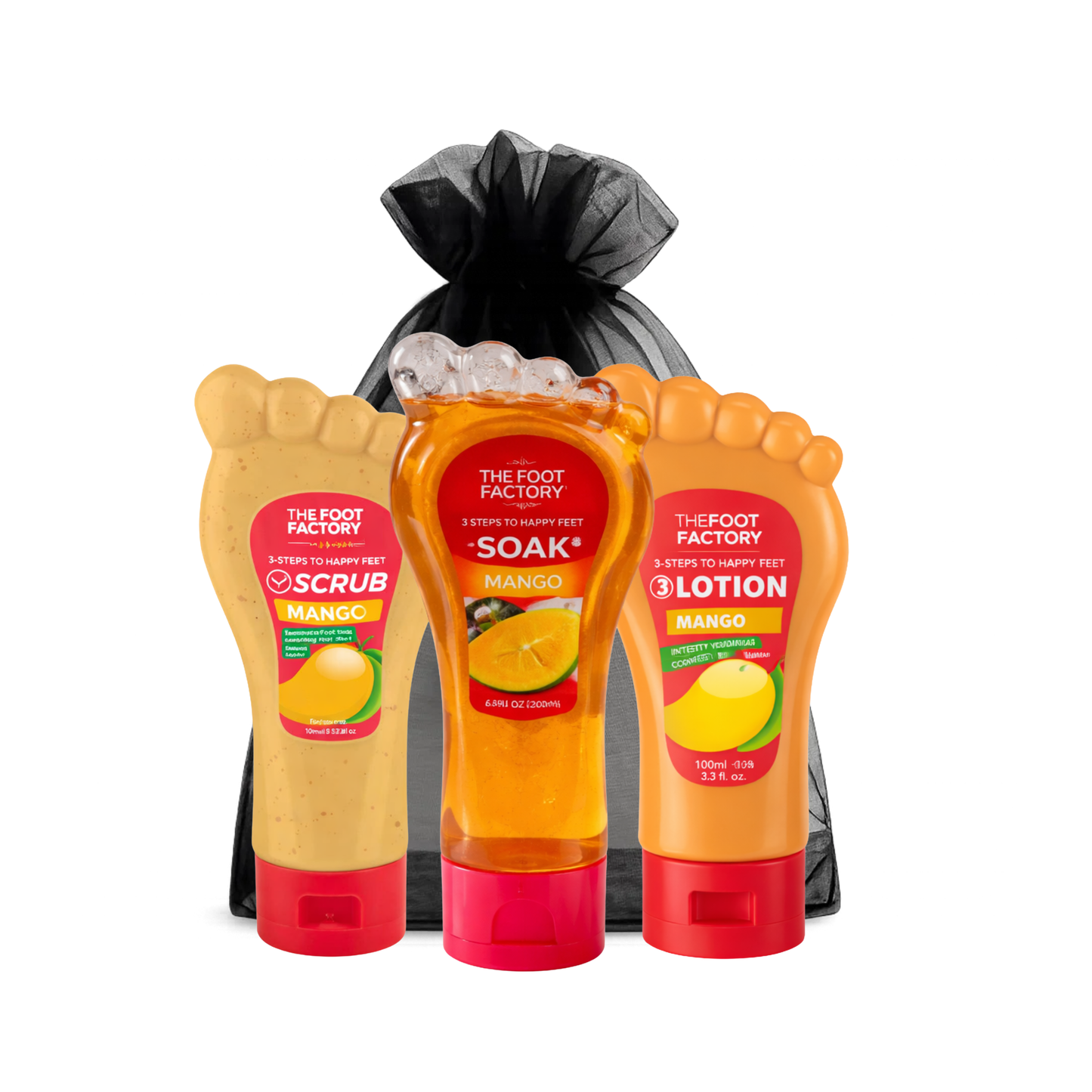 Mango foot care set with exfoliating scrub, refreshing foot soak and moisturising foot lotion for dry feet