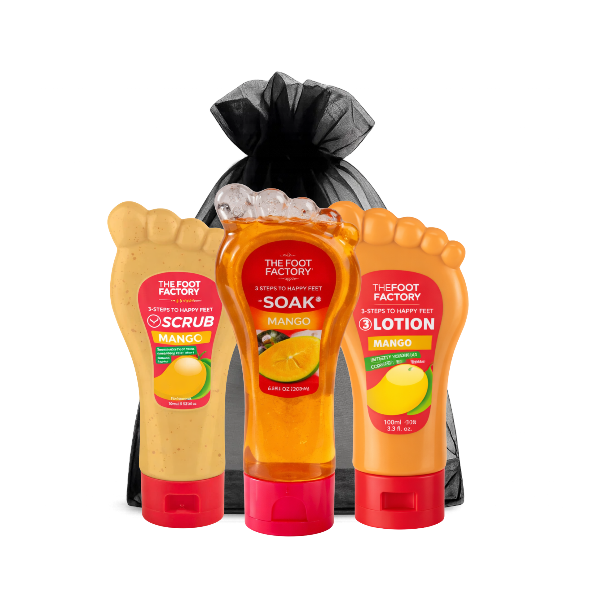 Mango foot care set with exfoliating scrub, refreshing foot soak and moisturising foot lotion for dry feet