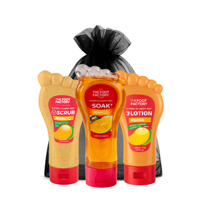 Mango foot care set with exfoliating scrub, refreshing foot soak and moisturising foot lotion for dry feet