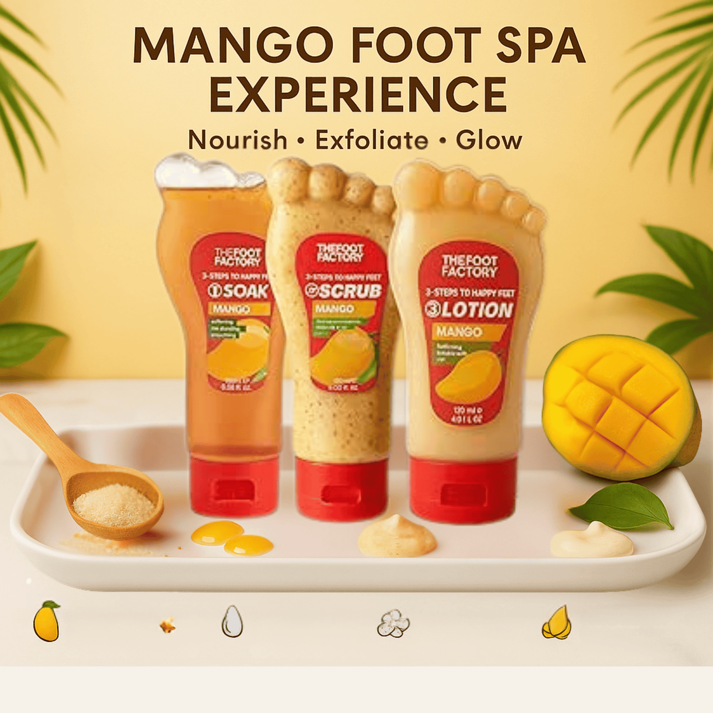 Mango foot spa set including nourishing foot soak, exfoliating scrub and hydrating lotion for smooth feet.