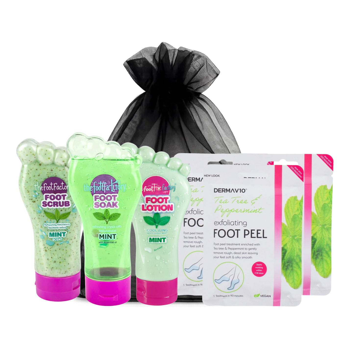 Mint foot care set including foot scrub, foot soak, foot lotion and tea tree peppermint foot peel mask for smooth and refreshed feet
