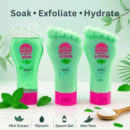 Vikingtreat Mint foot care system showing foot soak, foot scrub and foot lotion with mint extract, glycerin, aloe vera and Epsom salt.