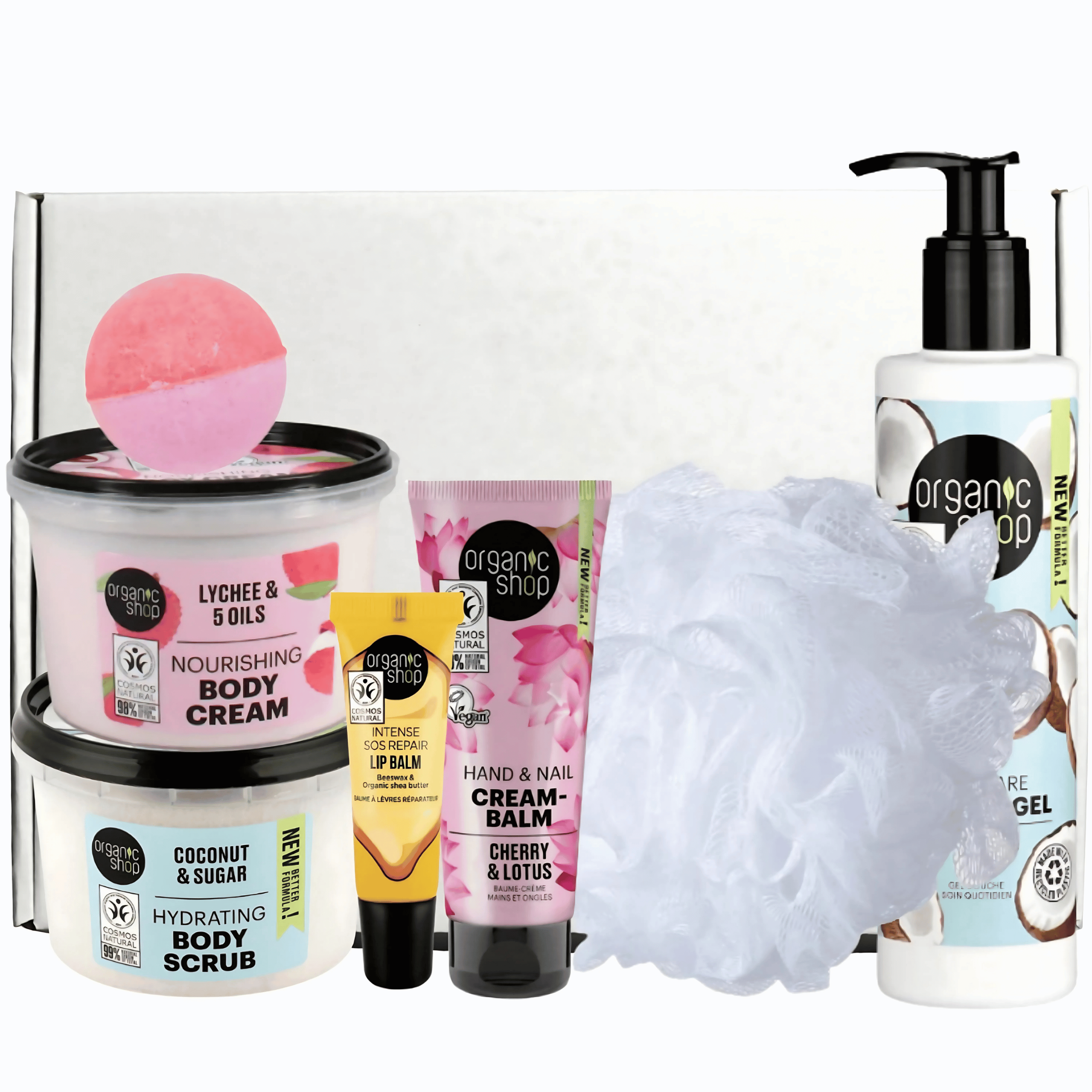 7-piece bath gift set for women with shower gel, lip balm, creams, scrub, bath bomb, and puff in box