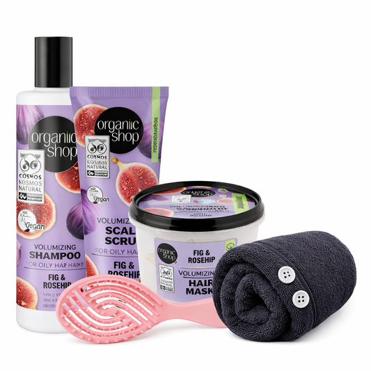 Organic Shop fig and rosehip volumizing hair care set with shampoo, scalp scrub, hair mask, scalp massager brush and microfiber hair wrap for oily hair.