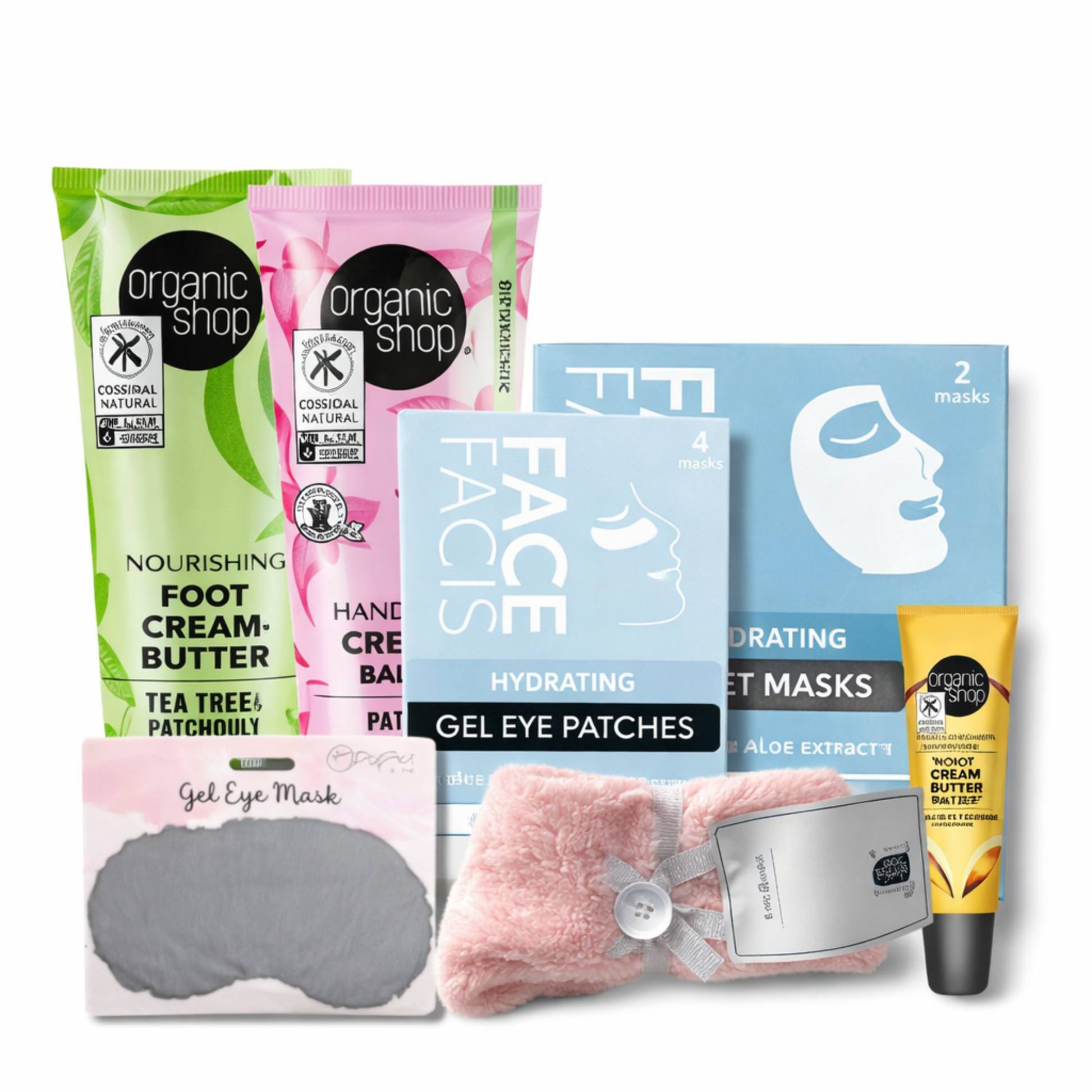 Self care gift set featuring Organic Shop foot cream butter, hand cream balm, hydrating face sheet masks, gel eye patches, cosy socks and lip balm.