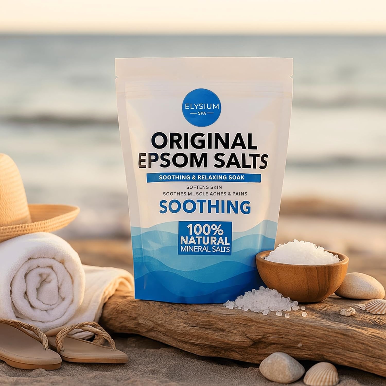 Original Epsom salts displayed on a beach setting for soothing and relaxing foot soak.