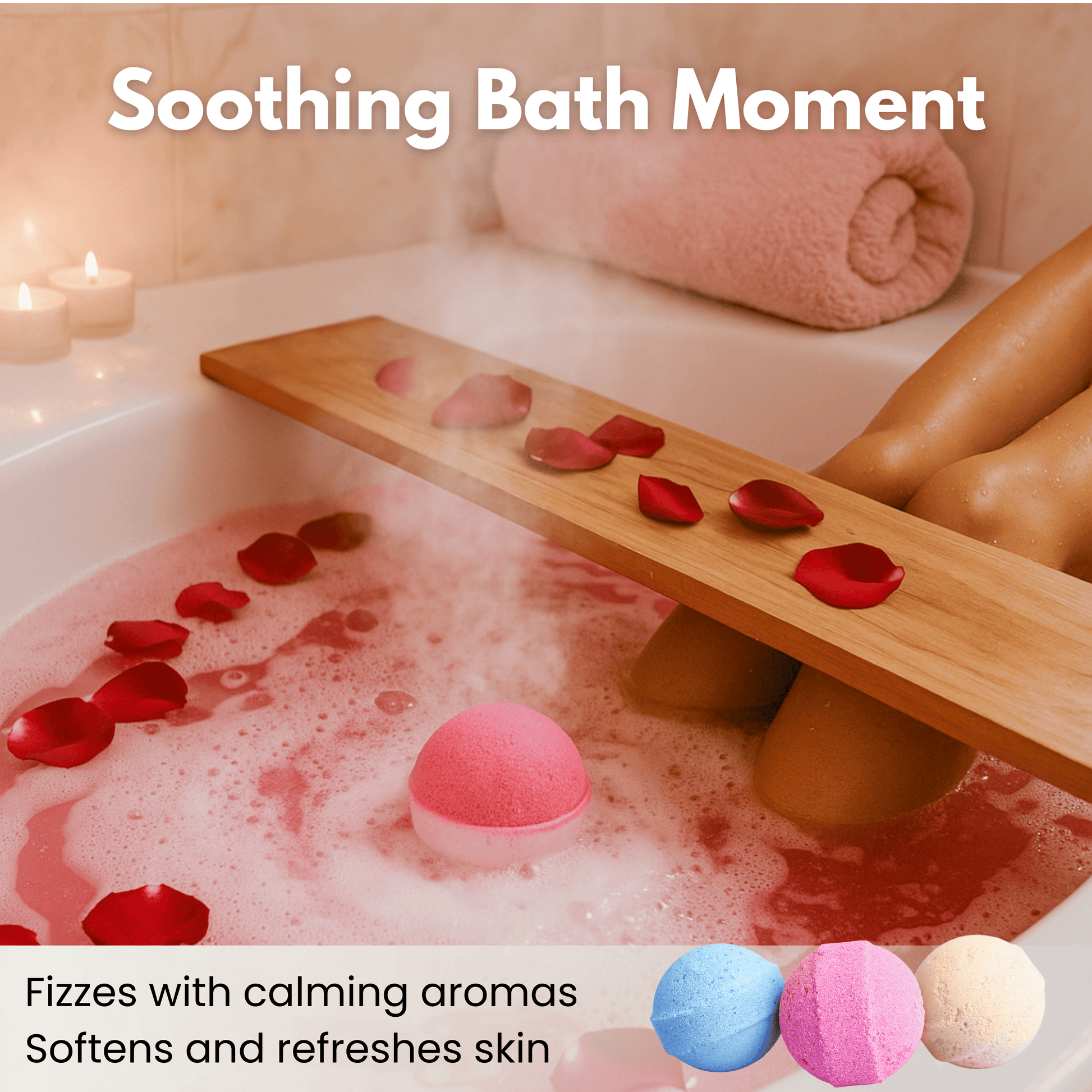 Aromatherapy bath bomb fizzing in warm tub with rose petals, perfect for relaxing soak and skin softness