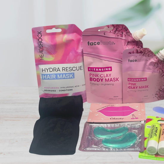 Discover a complete at-home self care routine with this pink clay spa gift set, featuring body masks, hair mask, body scrub, body butter, lip care and eye patches. Designed to cleanse, exfoliate and deeply hydrate skin and hair in one relaxing routine.

Ideal for gifting or personal pampering, this spa gift set helps promote smoother skin, softer hair and an indulgent spa-style experience from home.