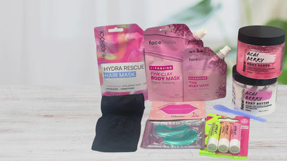 Discover a complete at-home self care routine with this pink clay spa gift set, featuring body masks, hair mask, body scrub, body butter, lip care and eye patches. Designed to cleanse, exfoliate and deeply hydrate skin and hair in one relaxing routine.

Ideal for gifting or personal pampering, this spa gift set helps promote smoother skin, softer hair and an indulgent spa-style experience from home.