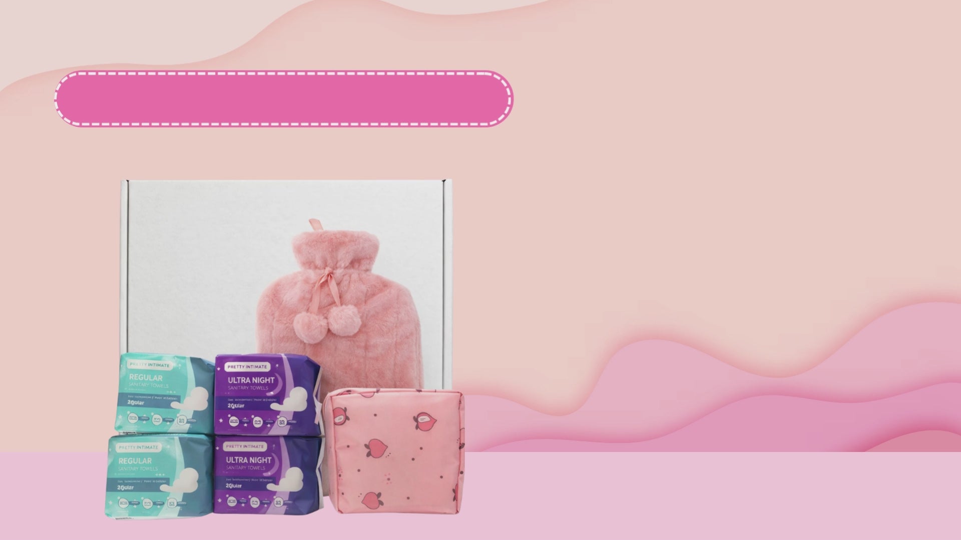 VikingTreat First Period Kit for Teens video showing complete menstrual care starter set with regular and ultra night sanitary towels, 2L hot water bottle for cramp relief, and discreet storage pouch for school travel and daily period preparedness