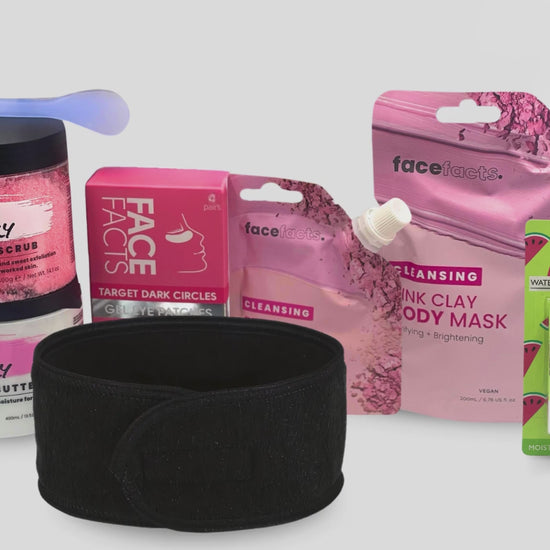 Pink clay spa gift set self care routine showing face mask application, gel eye patches, acai berry body care and pamper essentials