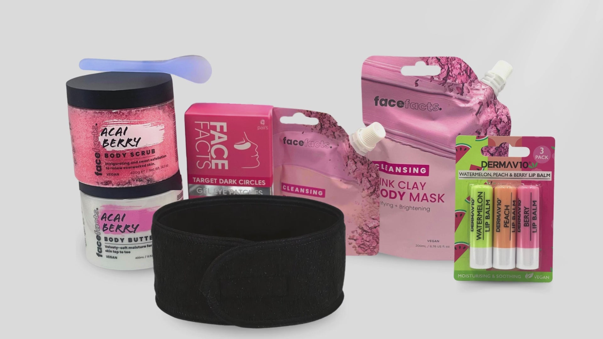 Pink clay spa gift set self care routine showing face mask application, gel eye patches, acai berry body care and pamper essentials