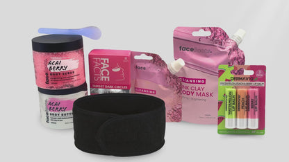 Pink clay spa gift set self care routine showing face mask application, gel eye patches, acai berry body care and pamper essentials